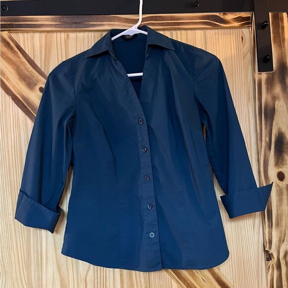Ann Taylor Petite Collared V Neck Blouse Blue 00P - Picture 1 of 6